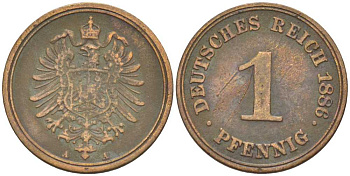 ГЕРМАНИЯ 1 ПФЕННИГ 1886 A, СТАРОГЕРБОВКА KM 1, J. 1, Weege 1 медь 206-1048