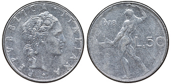 Италия 50 лир 1978 R, бог Вулкан у наковальни KM 95.1 нержавеющая сталь 4142-1145
