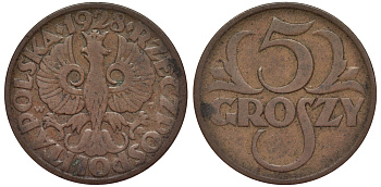 ПОЛЬША 5 ГРОШЕЙ 1928 w, KM 10а бронза 4567-117