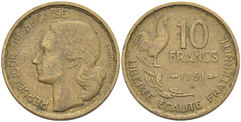Франция 10 франков 1951 B, петух KM 915.2, Le Franc 363.5 алюминиевая бронза 4511-1133