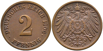 ГЕРМАНИЯ 2 ПФЕННИГА 1906 J KM 16, Jager 11, Weege 4 медь 4546-636