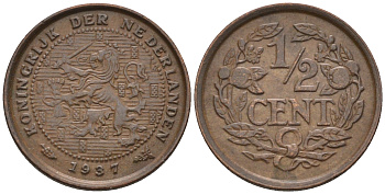 Нидерланды 1/2 цента 1937 Вильгельмина (1890-1948) KM 138 бронза    4169-244