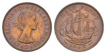 Великобритания 1/2 пенни 1962 Елизавета II (1952-2022) KM 896, Spink 4158 бронза 4638-512