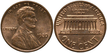 США 1 цент 1980 Авраам Линкольн KM 201 медь цинк 4547-649