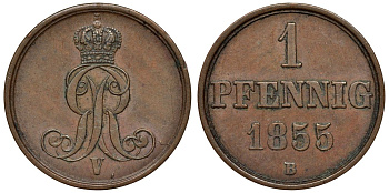 Ганновер 1 пфенниг 1855 B, Георг V KM 221, AKS 155, J. 83 медь 4594-529