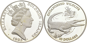 Соломоновы острова 10 долларов 1992 серия исчезающие виды животных, морской, гребнистый крокодил KM 51 серебро PROOF 1074-5-34