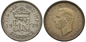 Великобритания 6 пенсов 1939 Георг VI (1936-1952) KM 852, Spink 4084 серебро 4538-432
