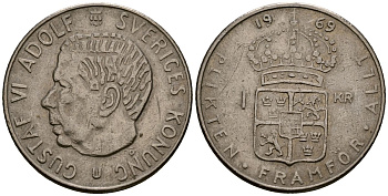 Швеция 1 крона 1969 Густав VI Адольф (1950-1973) KM 826a медь плакированная медно-никелем 4176-527