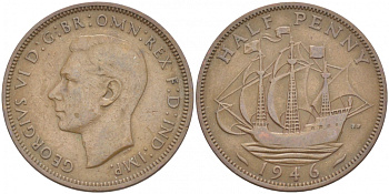 Великобритания 1/2 пенни 1946 Георг VI (1936-1952) KM 844, Spink 4115 бронза 213-914