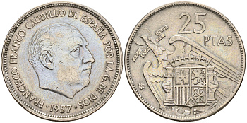 Испания 25 песет 1957 (69) Франсиско Франко (1939-1975) KM 787 медно-никель    4144-215