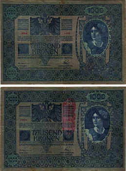 АВСТРИЯ 1000 КРОН 1919 КРАСНАЯ ВЕРТИКАЛЬНАЯ НАДПЕЧАТКА НА 1902 Pick 59 бумага 7205-46-1