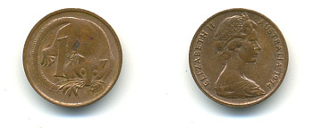 АВСТРАЛИЯ 1 ЦЕНТ 1974 ЕЛИЗАВЕТА II, МОЛОДОЙ ПОРТРЕТ, ОПОССУМ КМ 62 бронза 56-845