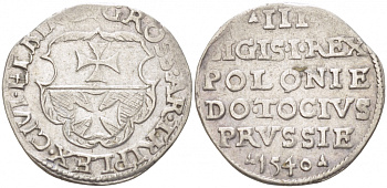 Польша, Эльблонг 3 гроша (трояк) 1540 Сигизмунд I Старый (1506-1548), вес 2,63 г, степень редкости R3 по Копински серебро 00-818-88