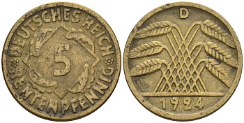 Германия 5 рентенпфеннигов 1924 D KM 32, J. 308 алюминиевая бронза 4151-664