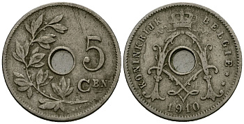 Бельгия 5 сантимов 1910 Belgie KM 67 медно-никель 4173-167