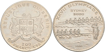 Бенин 200 франков 1999 XXVII Летние Олимпийские игры 2000 года в Сиднее, гребля KM 25 медно-никель UNC 00-00