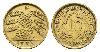 Германия 10 рейхспфеннигов 1925 D KM 40, J. 317 алюминиевая бронза 54-564