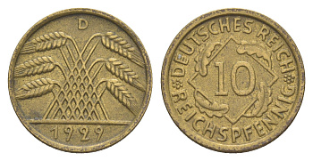 Германия 10 рейхспфеннигов 1929 D KM 40, J. 317 алюминиевая бронза 4644-1233