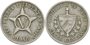 КУБА 5 СЕНТАВО 1946 ЗВЕЗДА, ПЕРВАЯ РЕСПУБЛИКА KM 11.3 медно-никель 98-737