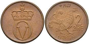 Норвегия 2 эре 1967 глухарь, Улаф V (1958-1991) KM 410 бронза 92-935