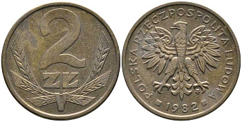 ПОЛЬША 2 ЗЛОТЫХ 1982 MW KM 80.1 латунь 110-553