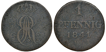 Ганновер 1 пфенниг 1841 S, Эрнст Август (1837-1851) KM 173.3, AKS 128, J. 54 медь 72-1618