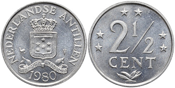 Нидерландские Антилы 2 1/2 цента 1980 Беатрикс (1980-2013) KM 9a алюминий UNC 4171-153