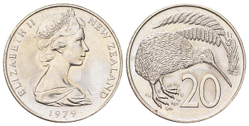 Новая Зеландия 20 центов 1979 Елизавета II (1952-2022), птичка киви KM 36 медно-никель UNC 4699-1116