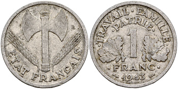Франция 1 франк 1943 правительство Виши KM 902.1, Le Franc алюминий 4126-652