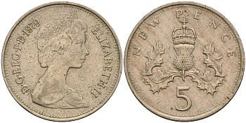 Великобритания 5 пенсов 1979 Елизавета II (1952-2022) KM 911, Spink 4233 (D1) медно-никель    4187-535