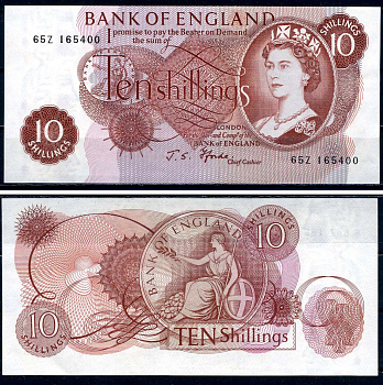 Англия 10 шиллингов ND (1960-1970) Банк Англии, серия 65Z Pick 373c бумага UNC (пресс) 7201-3-1