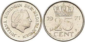 Нидерланды 25 центов 1971 Юлиана (1949-1980) KM 183 никель    4174-658