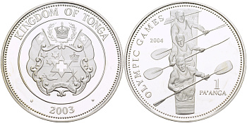 Тонга 1 паанга 2003 XXVIII Олимпийские игры 2004 года в Афинах, гребля на байдарках KM 182 серебро  PROOF  1074-6-53