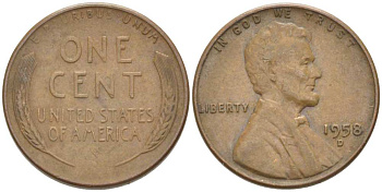 США 1 ЦЕНТ 1958 D, ЛИНКОЛЬН KM А132 медь цинк 3309-1226