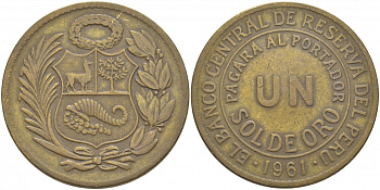 Перу 1 соль 1961 KM 222 латунь 118-1211