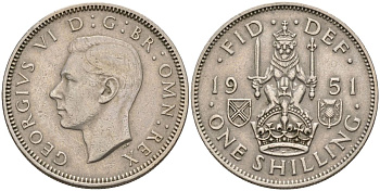 Великобритания 1 шиллинг 1951 Георг VI (1936-1952), Шотландский герб KM 864, Spink 4104 медно-никель 4153-851