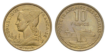 Французское Сомали 10 франков 1965 год-тип KM 11 медь алюминий UNC 4127-1821