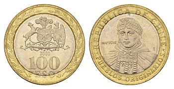 Чили 100 песо 2001 индейцы Мапуче KM 236 биметалл UNC 4695-1141