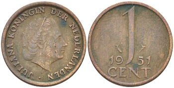 Нидерланды 1 цент 1951 Юлиана (1948-1980) КМ 180 бронза 214-1025