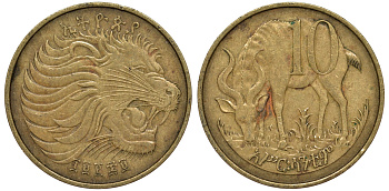 Эфиопия 10 центов 1969 лев, гора, антилопа KM 45.1 медь цинк 4163-1124
