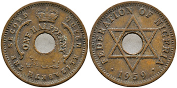 Нигерия 1/2 пенни 1959 Елизавета II (1952-), Британский протекторат KM 1 бронза 4387-161