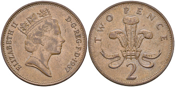 Великобритания 2 пенса 1987 Елизавета II (1952-2022) KM 936, Spink 4376 (C3) бронза 4589-931