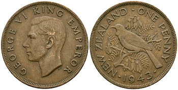 Новая Зеландия 1 пенни 1943 Георг VI (1936-1952), новозеландский туи KM 13 бронза 4165-1221