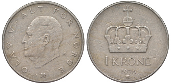 Норвегия 1 крона 1976 Олаф V KM 419 медно-никель 25-2156