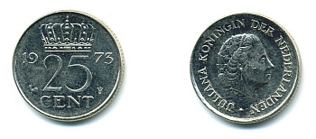 НИДЕРЛАНДЫ 25 ЦЕНТОВ 1973 ЮЛИАНА KM 183 никель 76-522