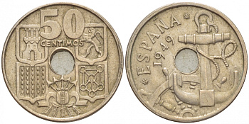 Испания 50 сентимо 1949 (54) Франсиско Франко (1939-1975), морская атрибутика KM 777 медно-никель 4547-1217