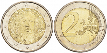 ФИНЛЯНДИЯ 2 ЕВРО 2013 125 ЛЕТ СО ДНЯ РОЖДЕНИЯ ФРАНСА ЭМИЛЯ СИЛЛАНЛЯЯ KM 193 биметалл UNC M38-9