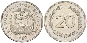 Эквадор 20 сентаво 1980 KM 77.2a сталь плакированная никелем aUNC 4611-721