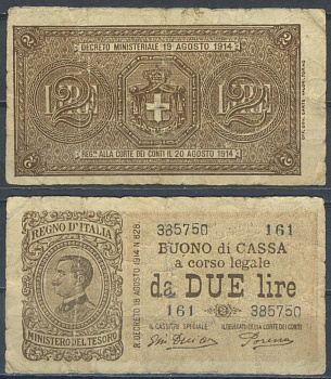 Италия 2 лиры 1914 Pick 37 c бумага 8601-24-1-1