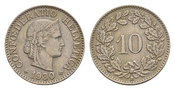 Швейцария 10 раппенов 1930 B KM 27 медно-никель 4609-414